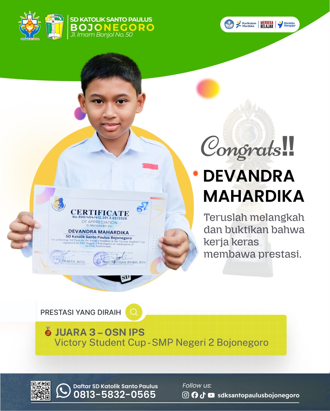Devandra Mahardika juara 3 OSN-IPS Victory Student Cup-SMP Negeri 2 Bojonegoro