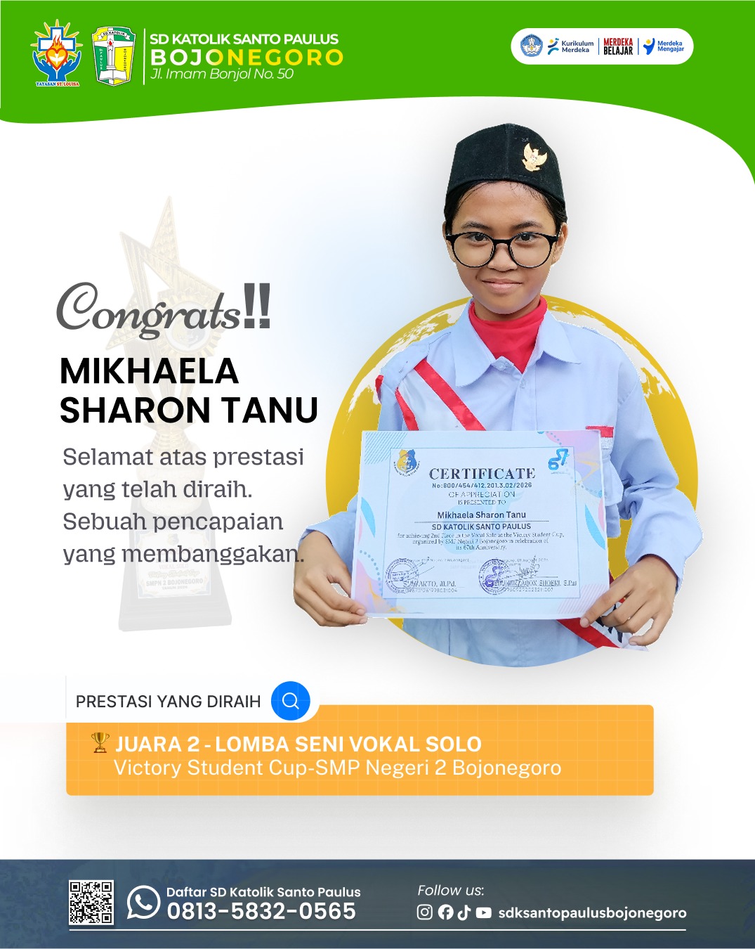 Mikhaela Sharon Tanu meraih prestasi juara 2 lomba seni vokal solo
