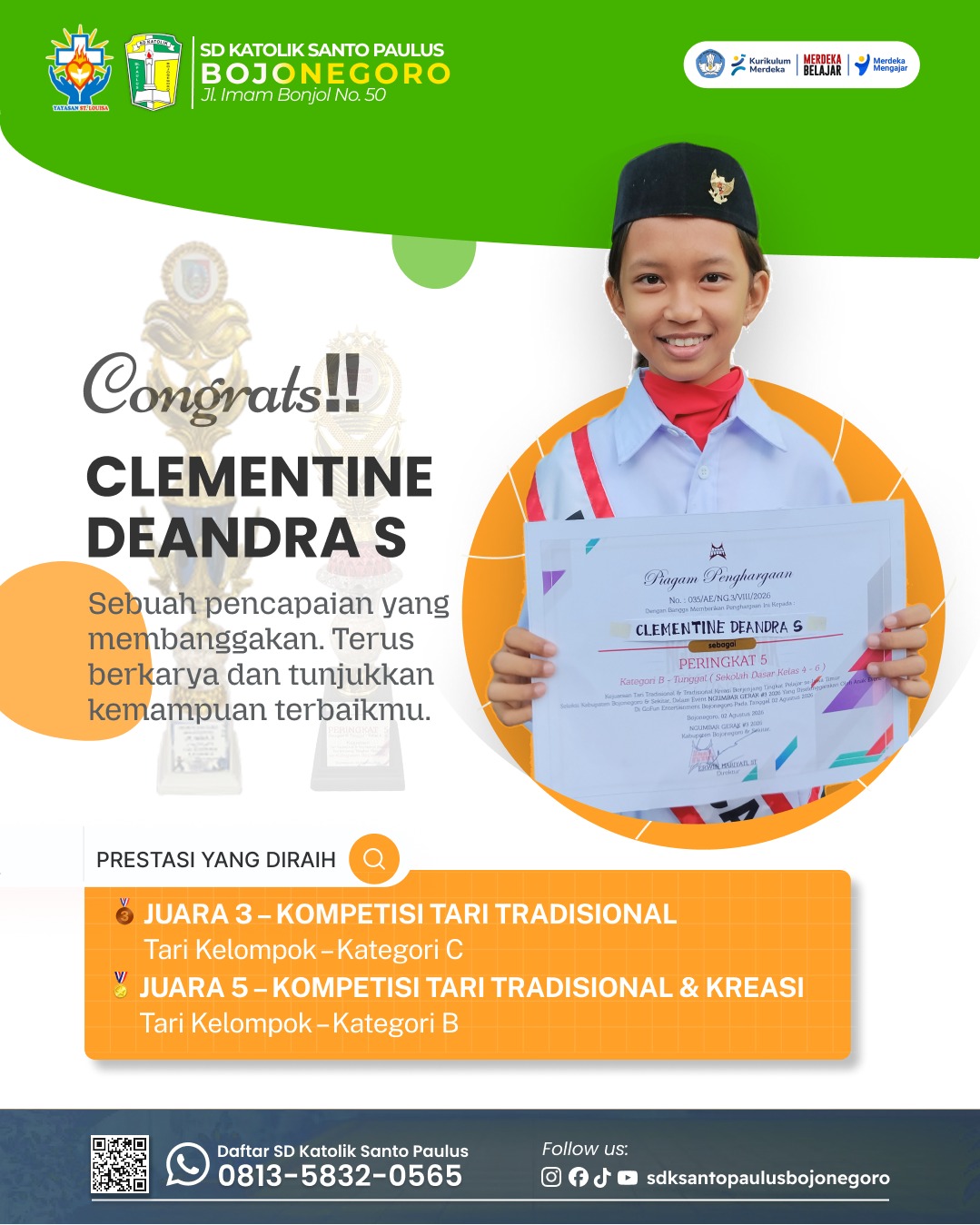 Clementine Deandra S Juara 2 Kompetisi Tari Tradisional dan Juara 5 Kompetisi Tari Tradisional & Kreasi