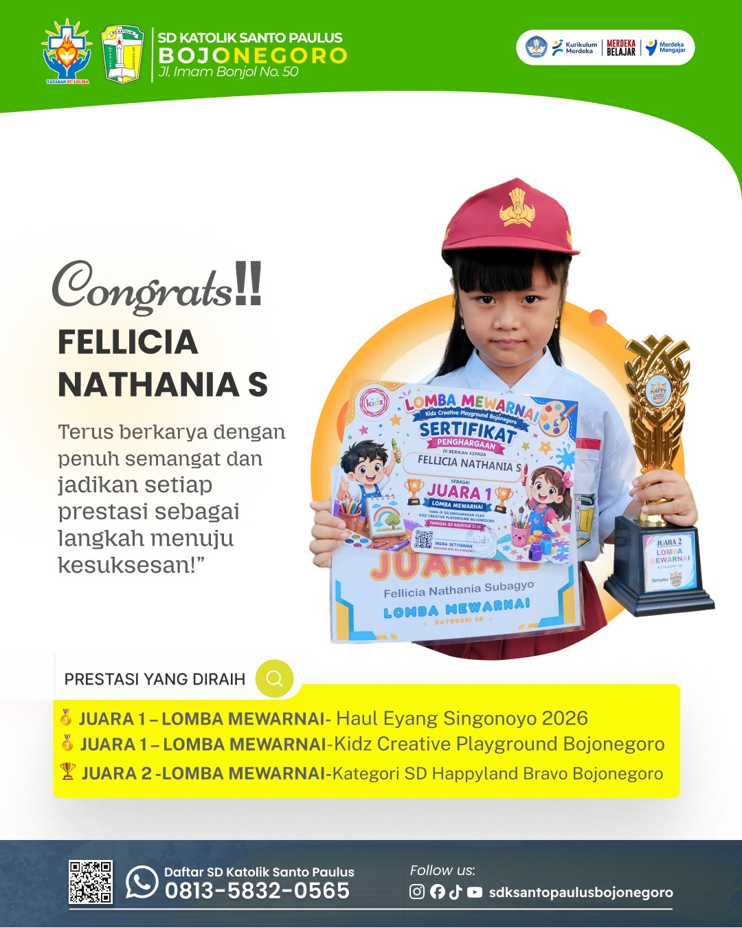 Fellicia Nathania Subagyo Juara 1 Lomba Mewarnai dan Juara 2 Lomba Mewarnai Kategori SD