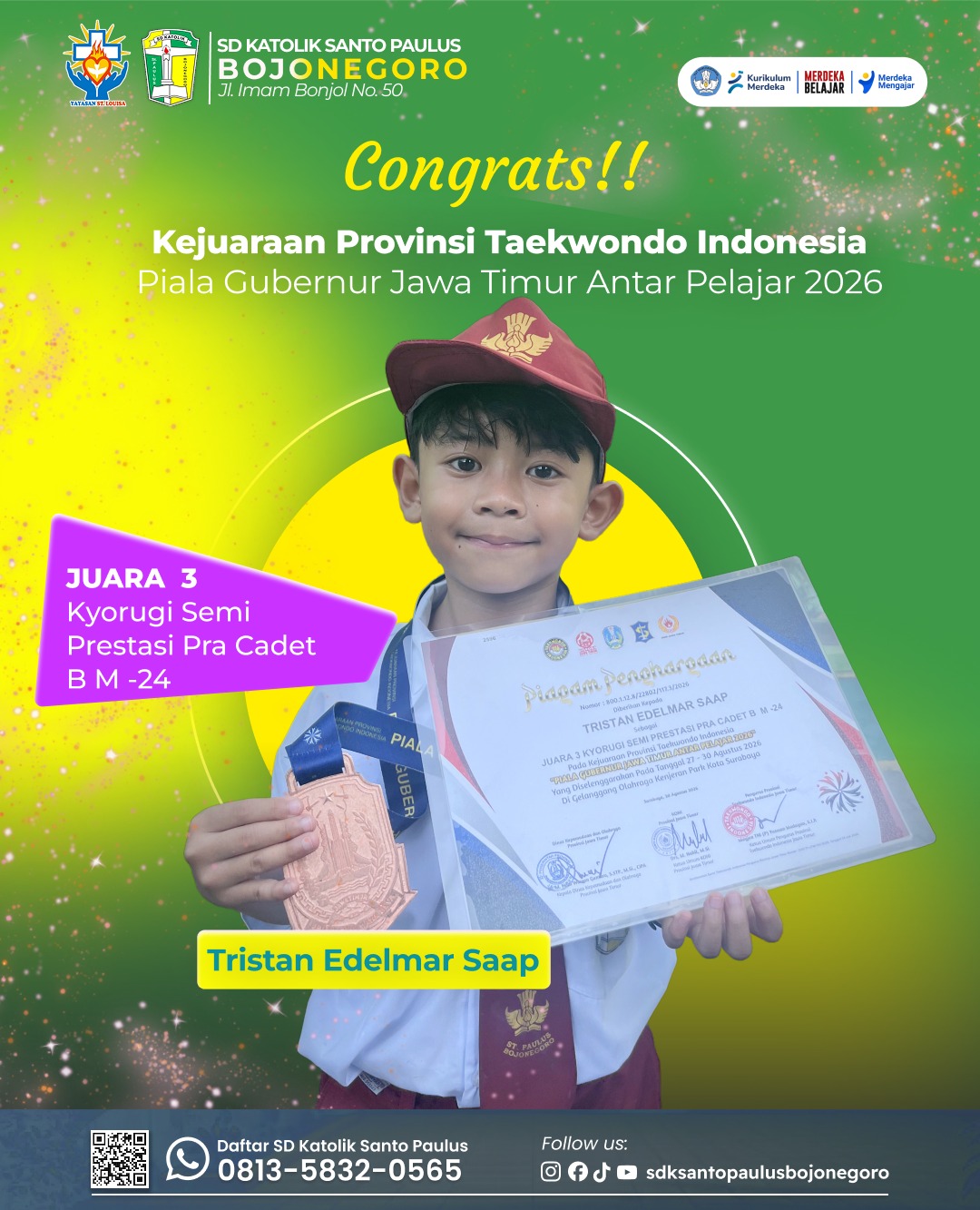 Tristan Edelmar Saap meraih juara 3 Kyorugi Semi Prestasi Pra Cadet B M-24