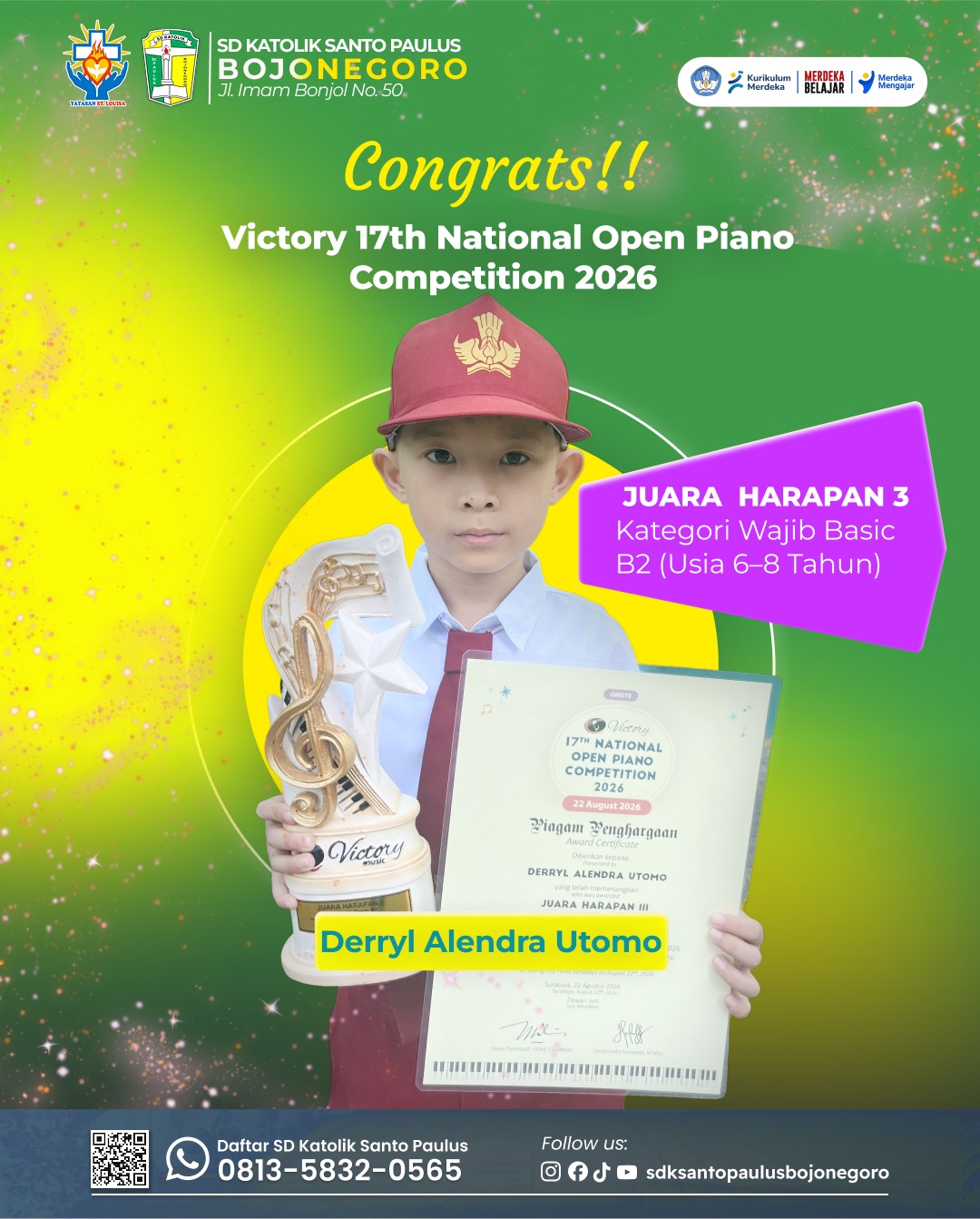 Derryl Alendra Utomo meraih juara harapan 3 Victory 17th National Open Piano Competition 2026