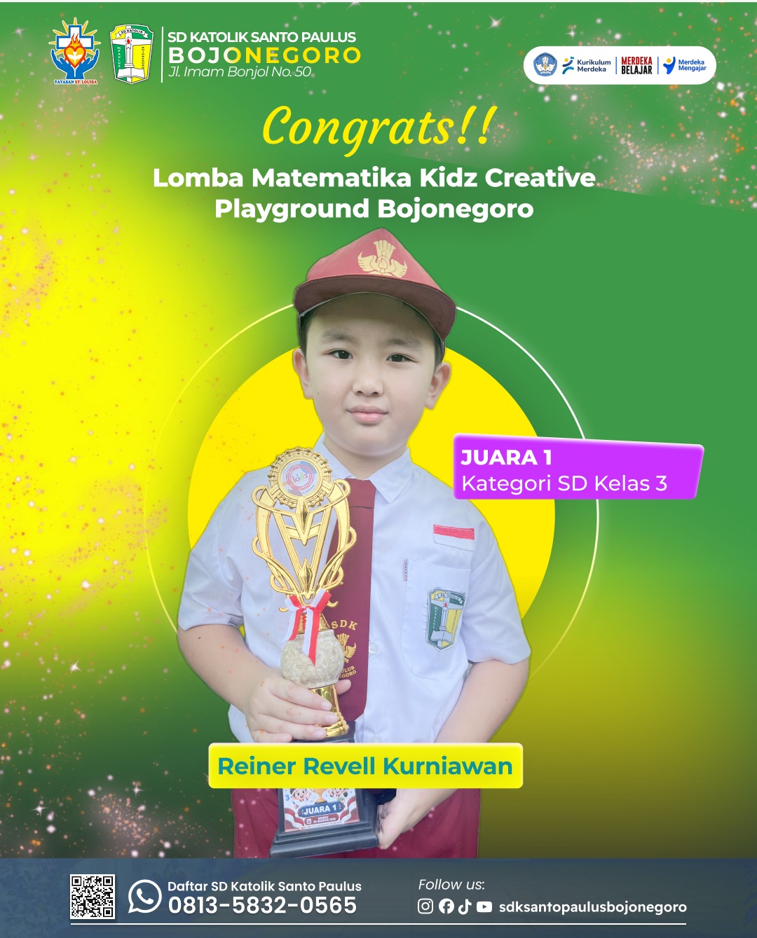 Reiner Revell Kurniawan meraih juara 1 lomba matematika Kids Creative Playground Bojonegoro