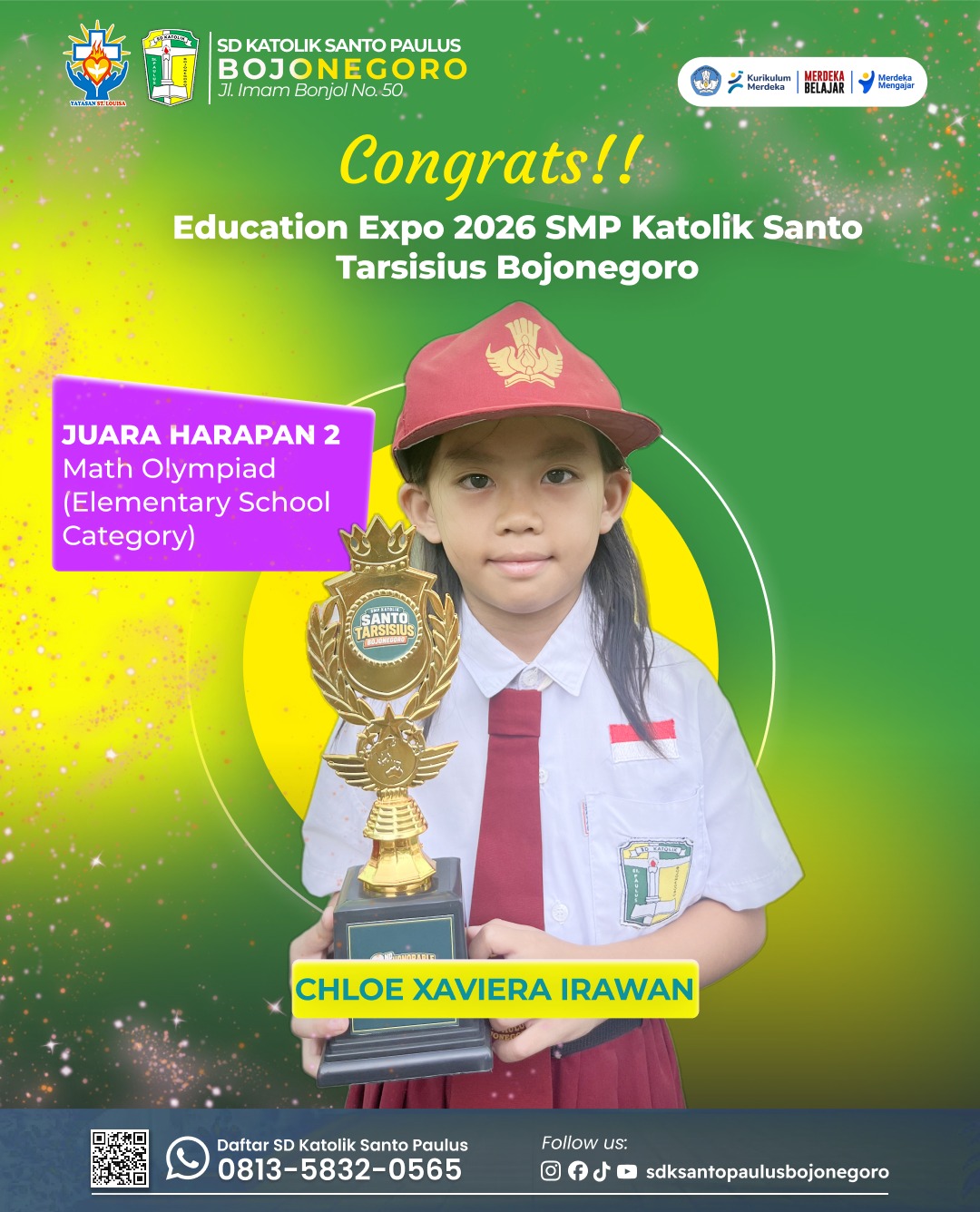 Chloe Xaviera Irawan meraih juara harapan 2 Math Olympiad tingkat Sekolah Dasar (Elementary School Category)